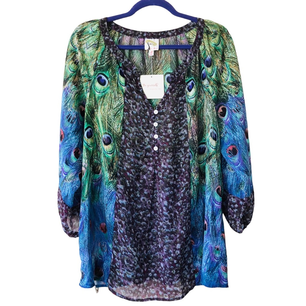 Be Yourself NWT Long Sleeve Peacock Feather Tunic Blouse (XL)